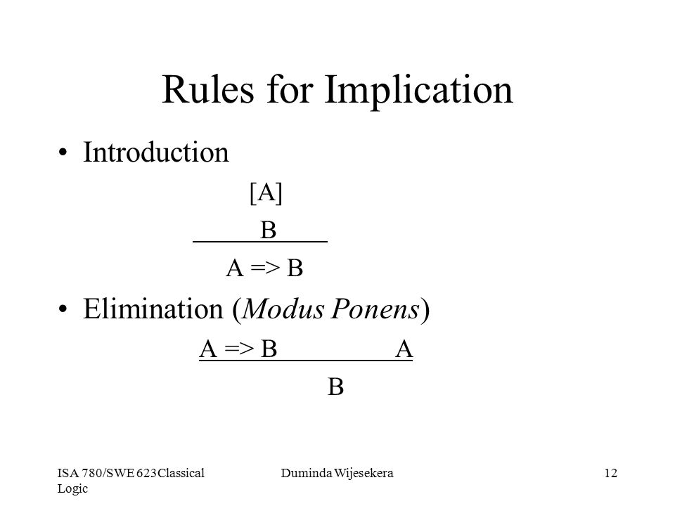 Rules for Implication Introduction Elimination (Modus Ponens) [A] B