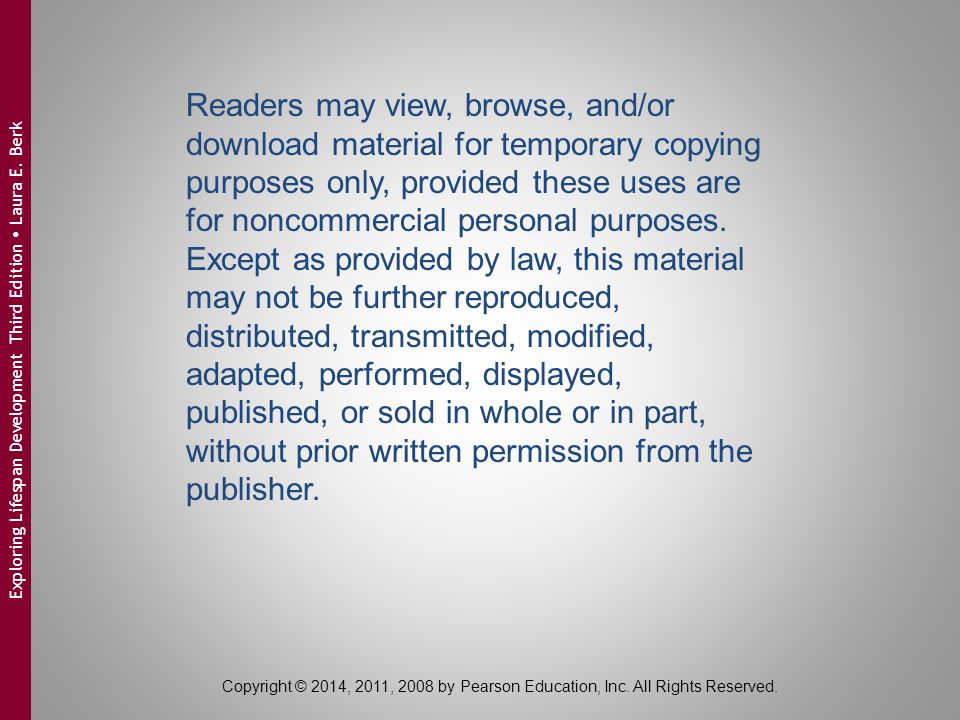 Readers may view, browse, and/or download material for temporary copying purposes only, provided these uses are for noncommercial personal purposes. Except as provided by law, this material may not be further reproduced, distributed, transmitted, modified, adapted, performed, displayed, published, or sold in whole or in part, without prior written permission from the publisher.