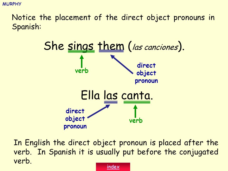 Notice the placement of the direct object pronouns in Spanish: