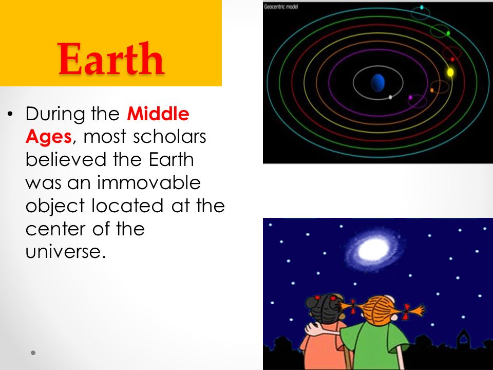 Earth During the Middle Ages, most scholars believed the Earth was an immovable object located at the center of the universe.