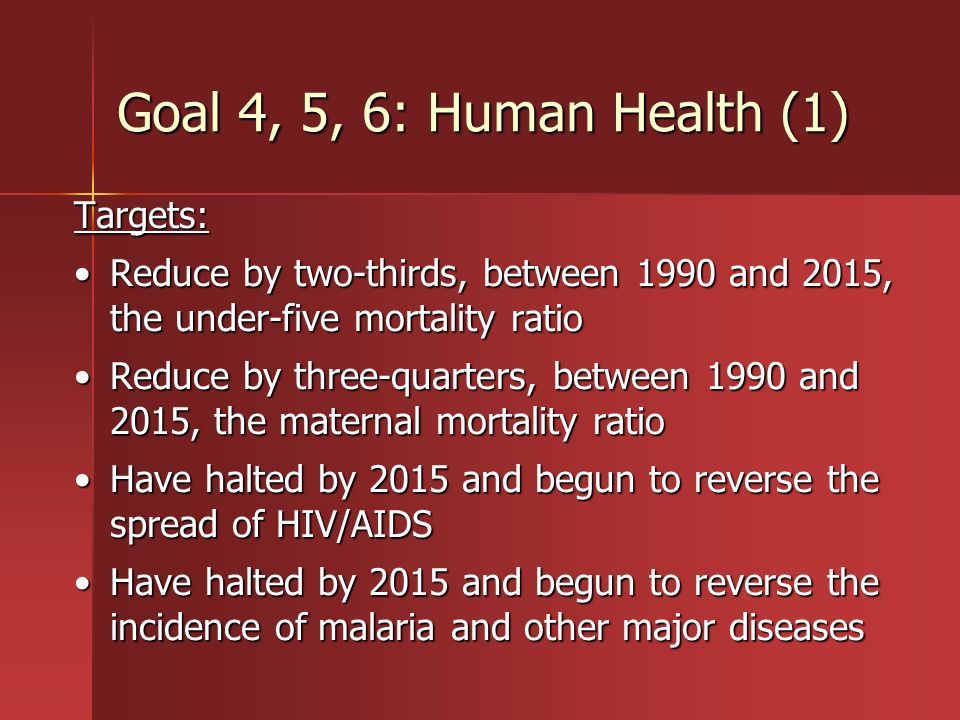 Goal 4, 5, 6: Human Health (1) Targets: