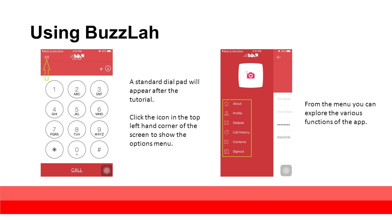 Using BuzzLah A standard dial pad will appear after the tutorial.