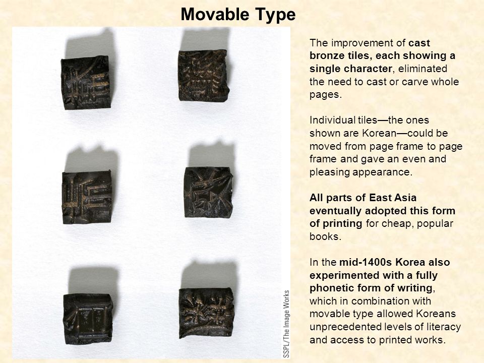 Movable Type The improvement of cast bronze tiles, each showing a single character, eliminated the need to cast or carve whole pages.