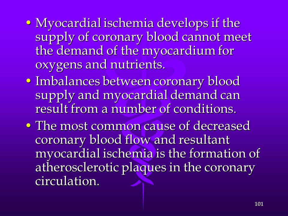 Myocardial ischemia develops if the supply of coronary blood cannot meet the demand of the myocardium for oxygens and nutrients.