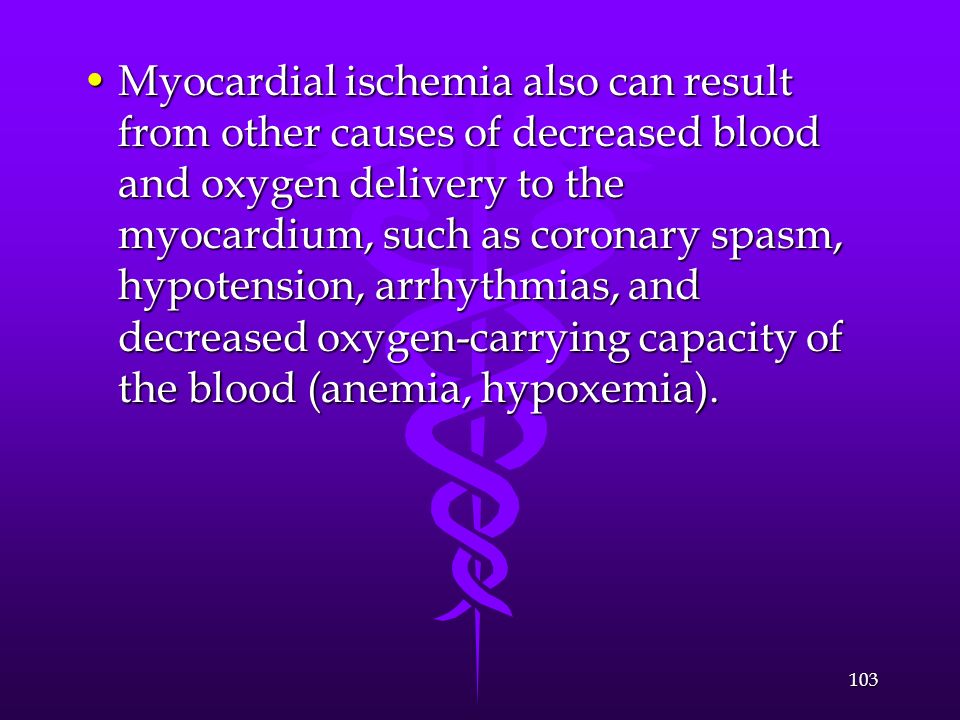 Myocardial ischemia also can result from other causes of decreased blood and oxygen delivery to the myocardium, such as coronary spasm, hypotension, arrhythmias, and decreased oxygen-carrying capacity of the blood (anemia, hypoxemia).