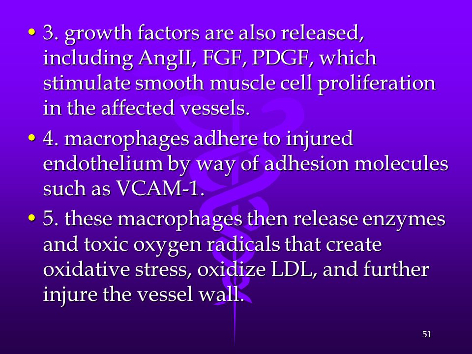 3. growth factors are also released, including AngII, FGF, PDGF, which stimulate smooth muscle cell proliferation in the affected vessels.