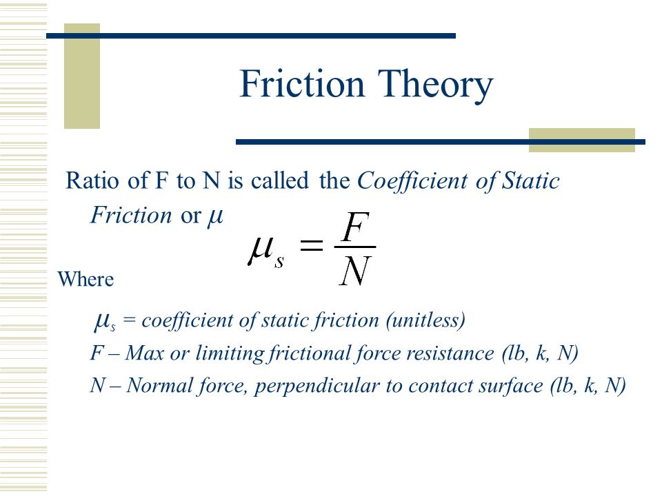 Friction Theory Ratio of F to N is called the Coefficient of Static Friction or μ. Where. μs = coefficient of static friction (unitless)