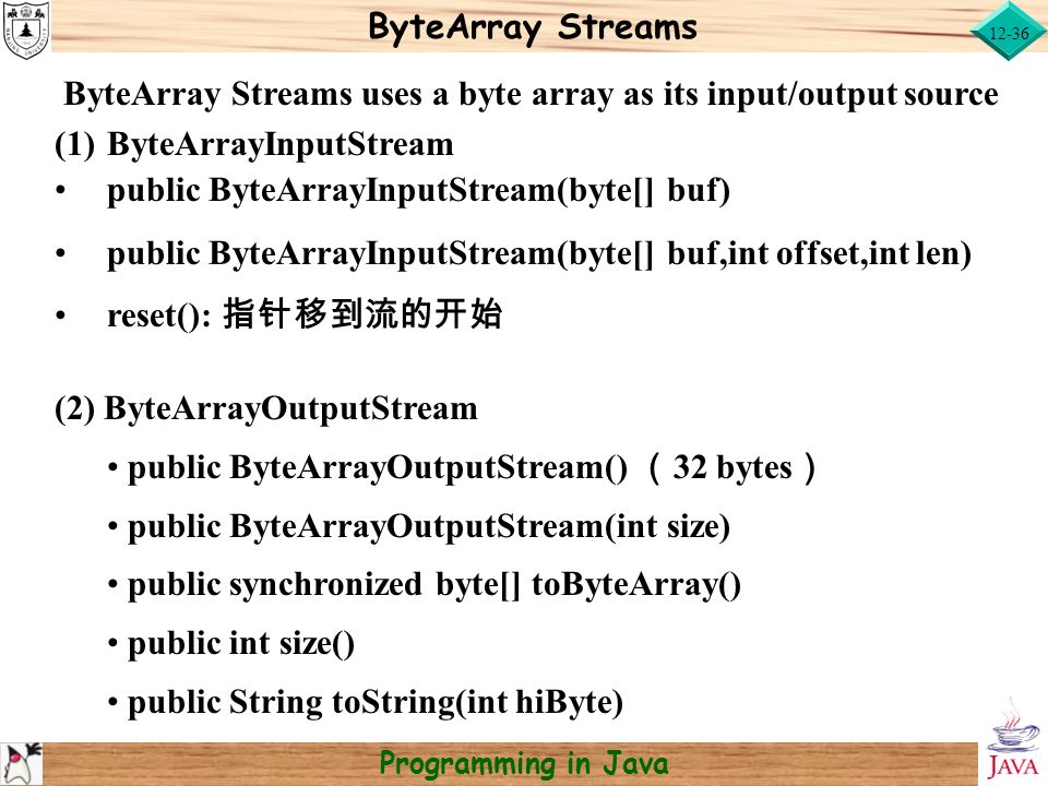 ByteArray Streams ByteArray Streams uses a byte array as its input/output source. ByteArrayInputStream.