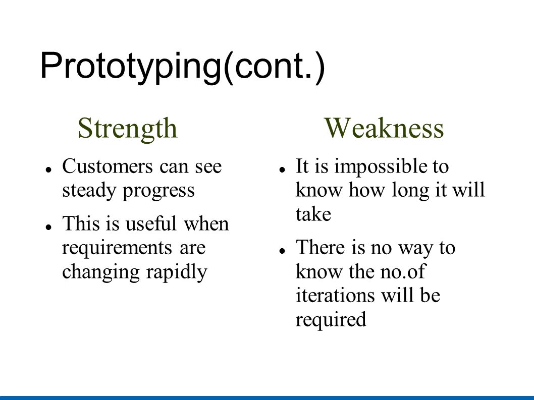 Prototyping(cont.)‏ Strength Customers can see steady progress
