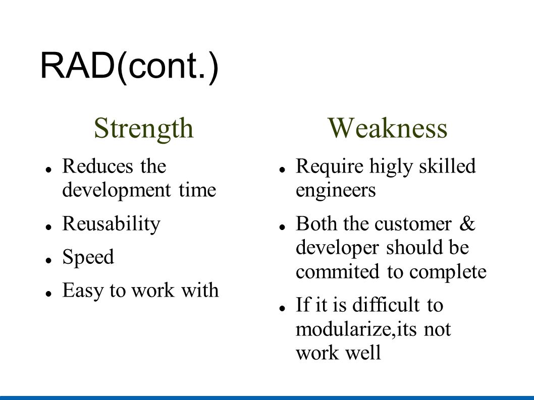 RAD(cont.)‏ Strength Reduces the development time Reusability Speed