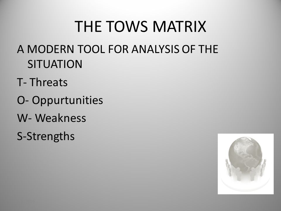 THE TOWS MATRIX A MODERN TOOL FOR ANALYSIS OF THE SITUATION T- Threats O- Oppurtunities W- Weakness S-Strengths