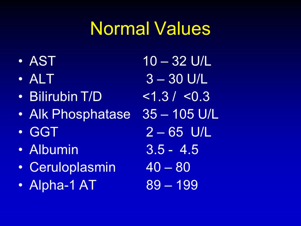 Normal Values AST 10 - 32 U/L ALT 3 - 30 U/L.