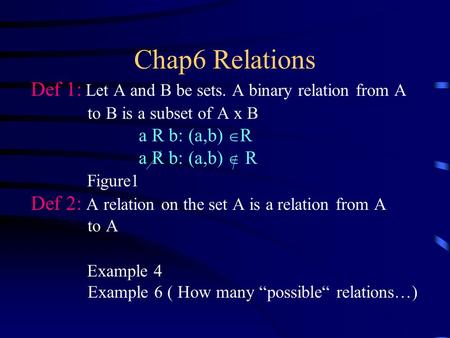 Chap6 Relations Def 1: Let A and B be sets. A binary relation from A